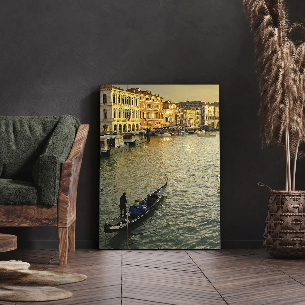 Obraz na płótnie - Gondola płynąca po kanale w Wenecji o zachodzie słońca - 50x70cm - Po słonecznej stronie ulicy - Nowoczesna dekoracja ścienna do salonu, kuchni i sypialni ARTTOR