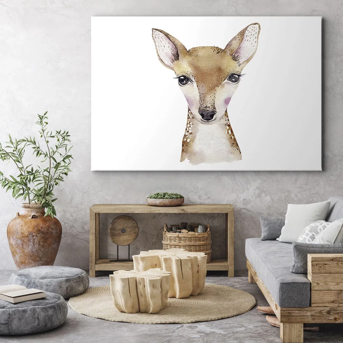 Obraz na płótnie - Portret akwarelowy młodej sarny na białym tle - 120x80cm - Natura niewinności - Nowoczesna dekoracja ścienna do salonu, kuchni i sypialni ARTTOR