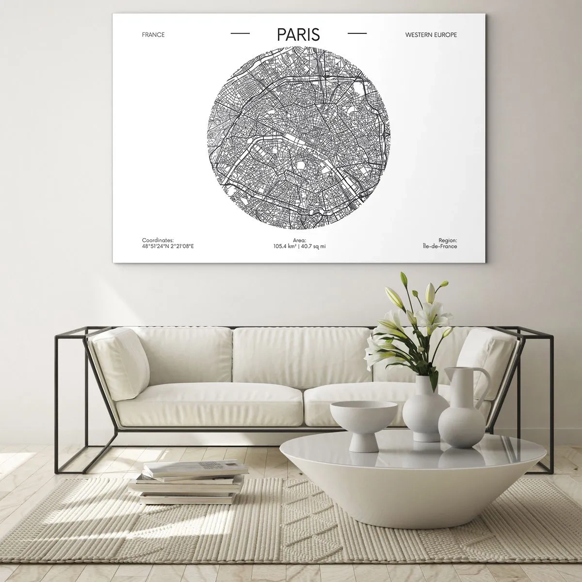 Obraz na szkle - Mapa Paryża w okrągłej formie czarno-białej ilustracji - 70x50cm - Anatomia Paryża - Nowoczesna dekoracja ścienna do salonu i sypialni ARTTOR