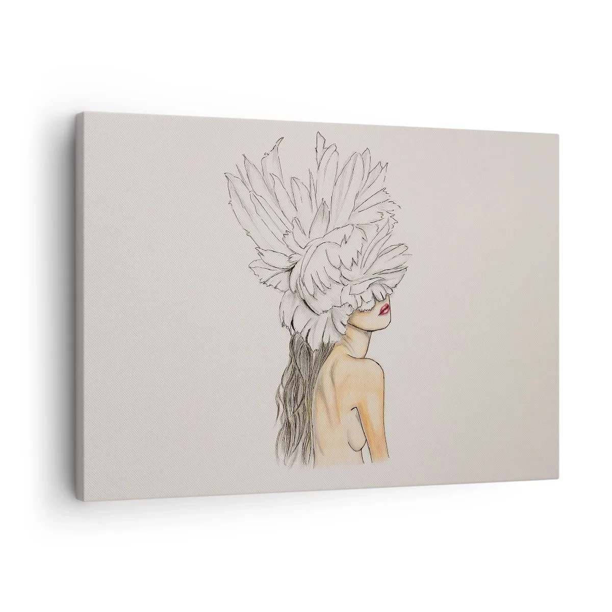 Obraz na płótnie - Portret kobiety z ozdobą z piór w artystycznym stylu - 70x50cm - Piękność ukoronowana - Nowoczesna dekoracja ścienna do salonu i sypialni ARTTOR