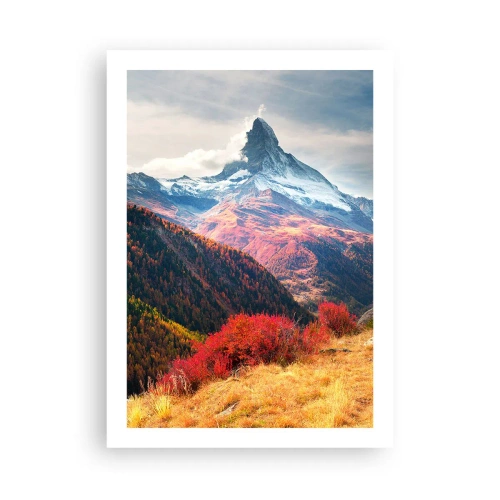 Plakat - Jesienny krajobraz górski z ośnieżonym szczytem - 50x70cm - Alpejska jesień - Nowoczesna dekoracja ścienna do salonu, kuchni i sypialni ARTTOR