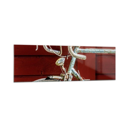 Obraz na szkle - Zabytkowy rower na tle czerwonej drewnianej ściany - 160x50cm - Stworzony do zwycięstw - Nowoczesna dekoracja ścienna do salonu i sypialni ARTTOR