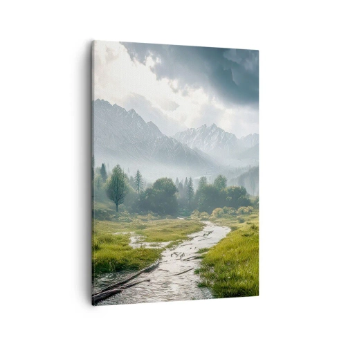 Obraz na płótnie - Malowniczy krajobraz górski z zieloną doliną i potokiem - 50x70cm - Tam i z powrotem - Nowoczesna dekoracja ścienna do salonu, kuchni i sypialni ARTTOR