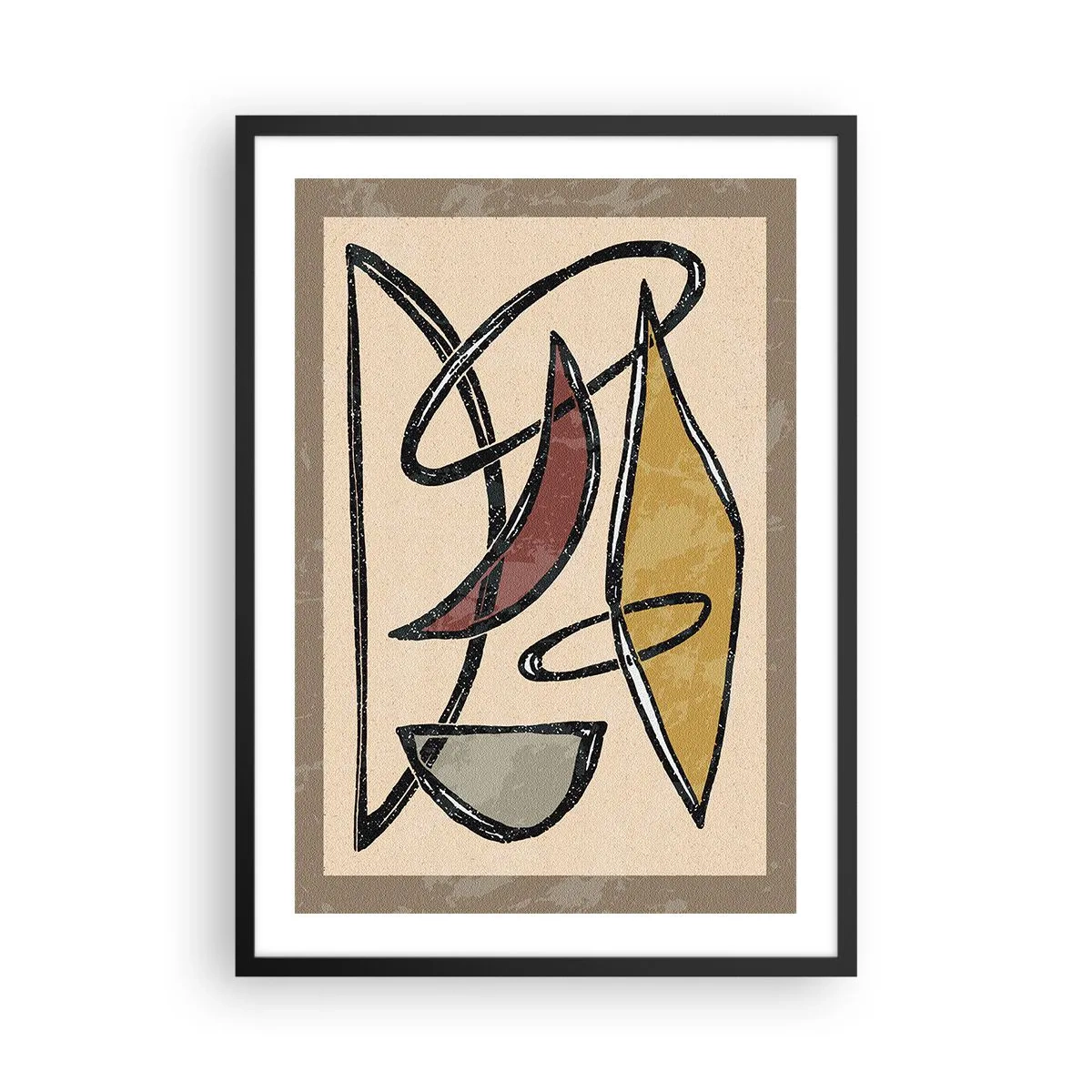 Plakat w czarnej ramie - Abstrakcyjna kompozycja geometryczna w odcieniach beżu i czerni - 50x70cm - Kompozycja – łuki i owale - Nowoczesna dekoracja ścienna do salonu i sypialni ARTTOR