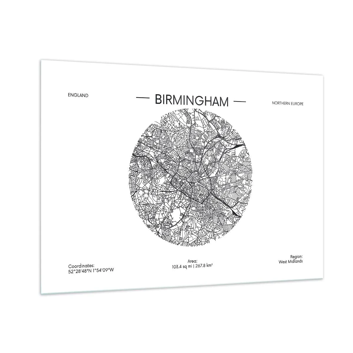 Obraz na szkle - Czarno-biała mapa Birmingham w nowoczesnym stylu graficznym - 100x70cm - Anatomia Birmingham - Nowoczesna dekoracja ścienna do salonu, kuchni i sypialni ARTTOR