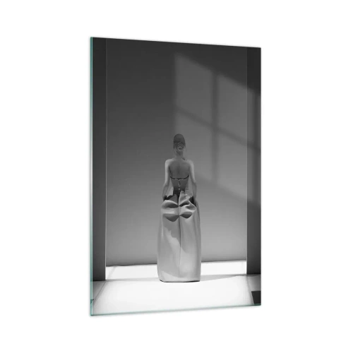 Obraz na szkle - Czarno-biały obraz z minimalistyczną sceną kobiety w geometrycznej przestrzeni - 70x100cm - Wyrafinowana prostota - Nowoczesna dekoracja ścienna do salonu i sypialni ARTTOR