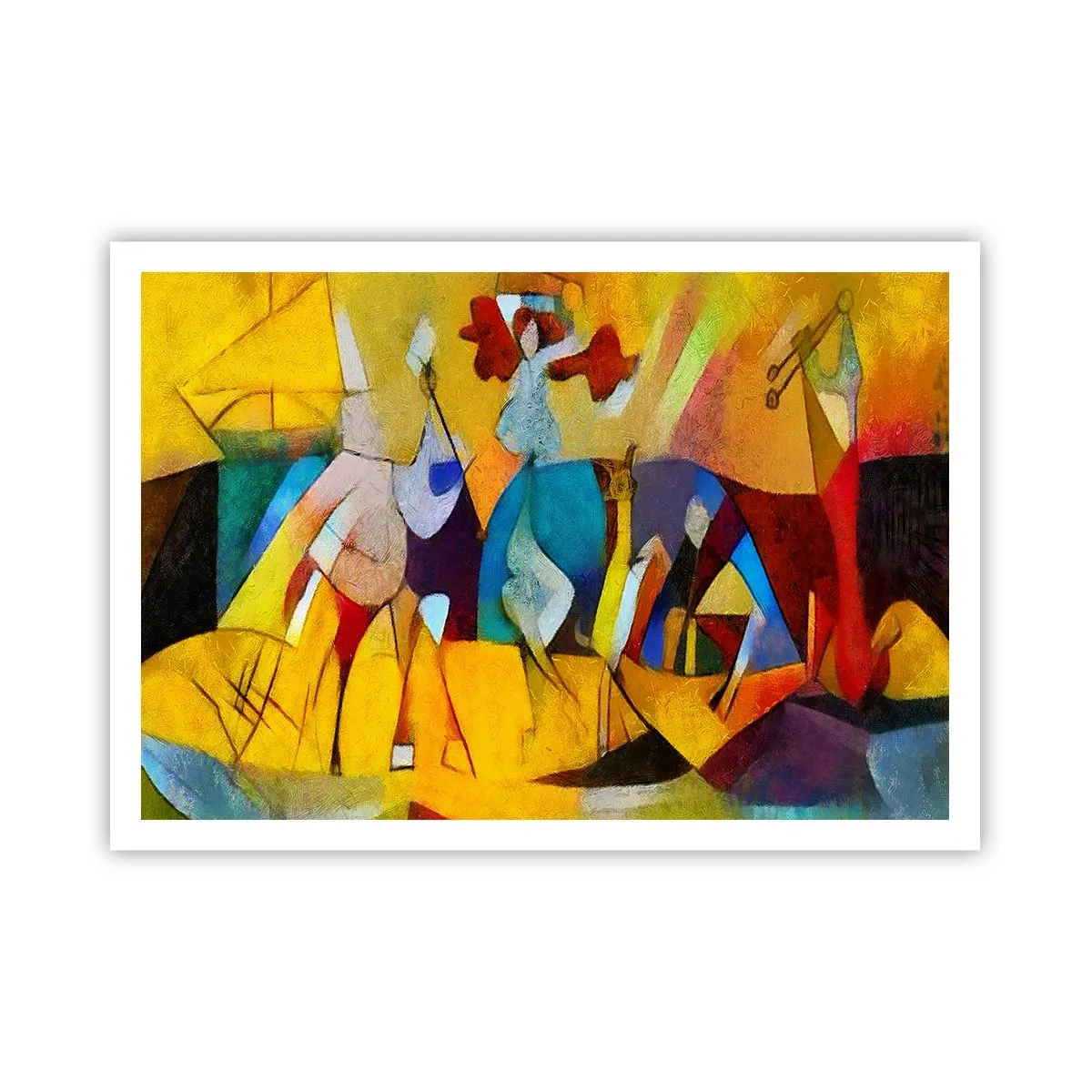 Plakat - Kolorowa abstrakcja przedstawiająca postacie w geometrycznej formie - 100x70cm - Słońce - życie - radość - Nowoczesna dekoracja ścienna do salonu i sypialni ARTTOR