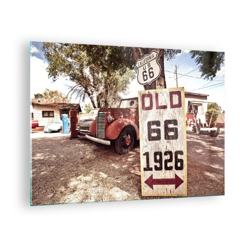 Obraz na szkle - Oldtimer i znak Route 66 w stylu retro - 70x50cm - Legenda amerykanskiej prowincji - Nowoczesna dekoracja ścienna do salonu i sypialni ARTTOR