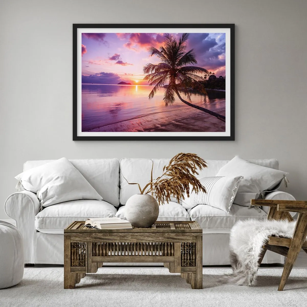 Plakat w czarnej ramie - Tropikalna plaża z palmą o zachodzie słońca - 70x50cm - Błogość aż po horyzont - Nowoczesna dekoracja ścienna do salonu i sypialni ARTTOR