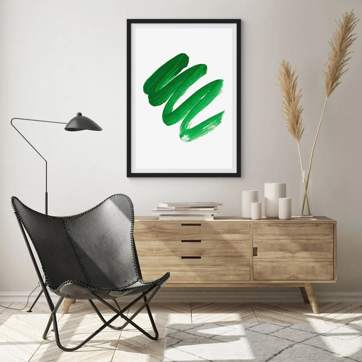 Plakat w czarnej ramie - Minimalistyczne zielone pociągnięcia pędzla na białym tle - 50x70cm - Zielony żart - Nowoczesna dekoracja ścienna do salonu i sypialni ARTTOR