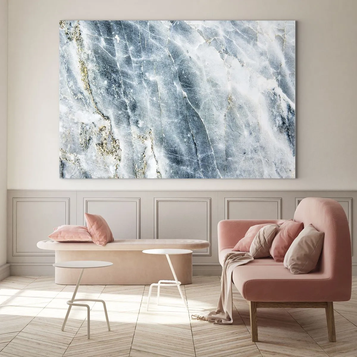 Obraz na szkle - Abstrakcyjna tekstura lodowego marmuru w odcieniach błękitu i bieli - 100x70cm - Lodowy świat - Nowoczesna dekoracja ścienna do salonu, kuchni i sypialni ARTTOR