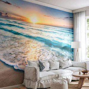 Fototapeta Premium Sand - Morski brzeg o wschodzie słońca z delikatnymi falami - 100x70cm - Widok wart zachodu - Nowoczesna dekoracja ścienna do salonu, kuchni i sypialni ARTTOR