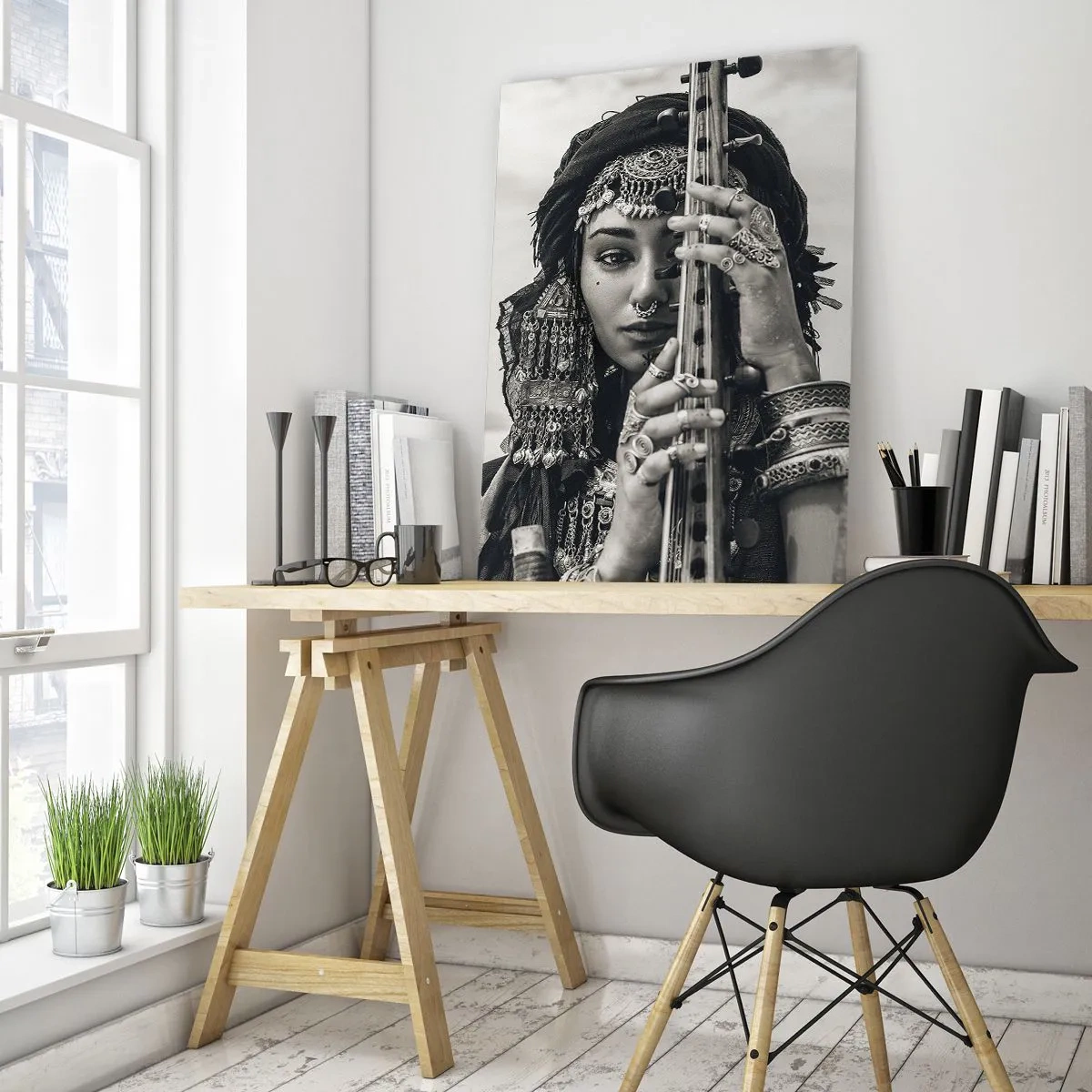Obraz na szkle - Kobieta w orientalnej biżuterii z instrumentem - 50x70cm - Sama muzyka orientu - Nowoczesna dekoracja ścienna do salonu, kuchni i sypialni ARTTOR