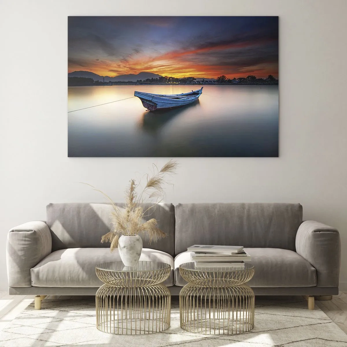 Obraz na szkle - Drewniana łódź na jeziorze o zachodzie słońca - 70x50cm - Nadchodzi dobra noc - Nowoczesna dekoracja ścienna do salonu i sypialni ARTTOR