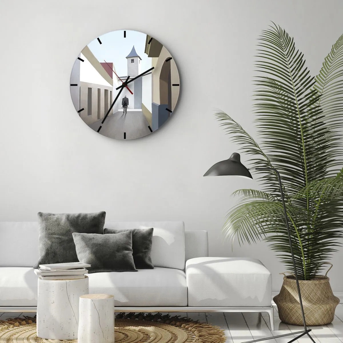 Zegar ścienny - Postać na tle miejskiej uliczki w jasnej, geometrycznej scenerii - 30x30cm - Słoneczny spacer - Nowoczesna dekoracja ścienna do salonu, kuchni i sypialni ARTTOR