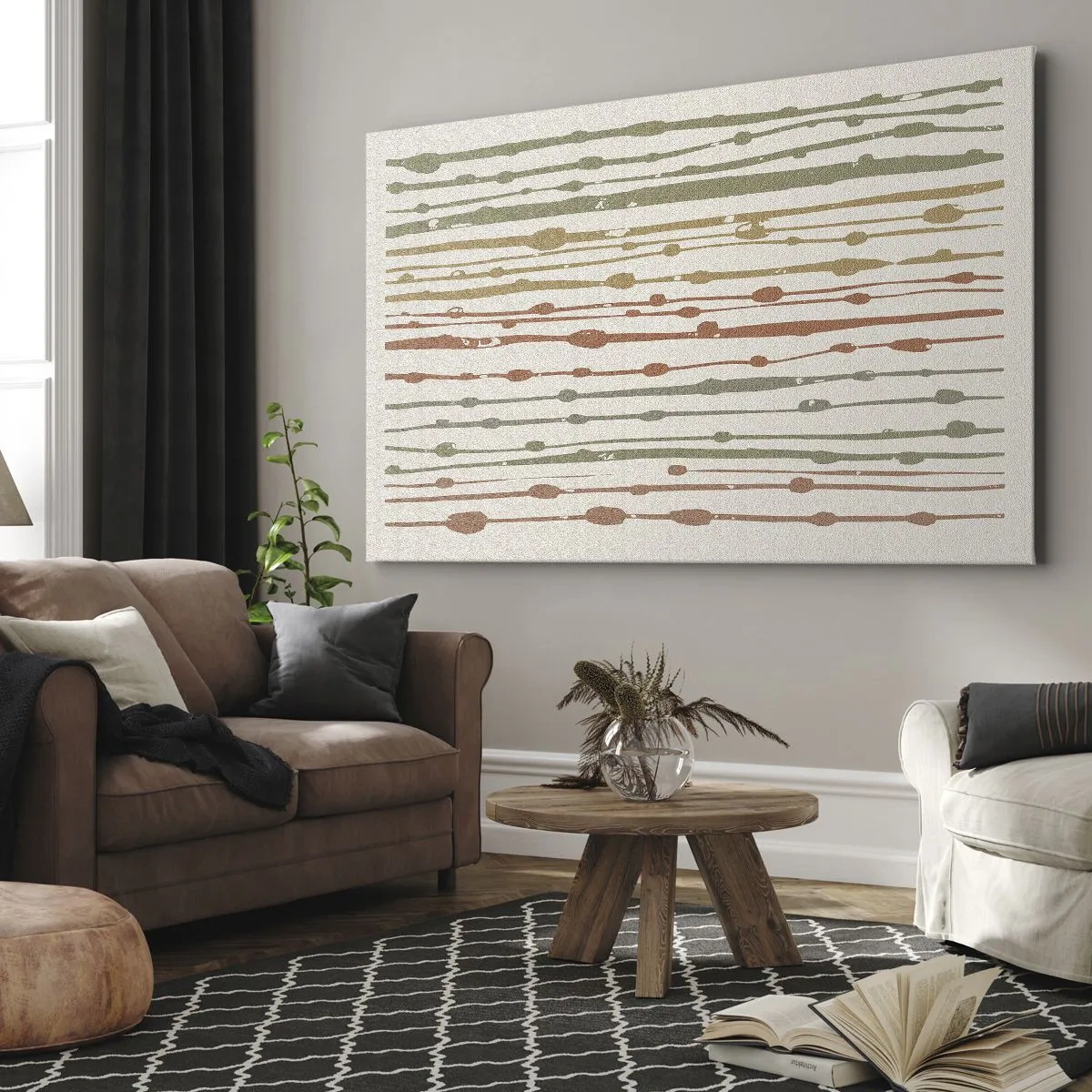 Obraz na płótnie - Wzór linii w ciepłych odcieniach na jasnym tle - 70x50cm - Muzyczny zapis barw - Nowoczesna dekoracja ścienna do salonu i sypialni ARTTOR