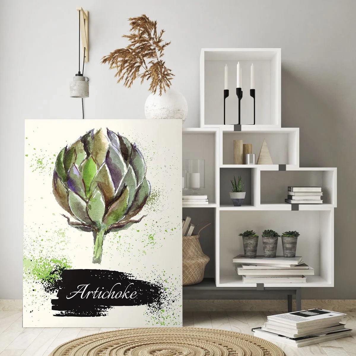 Obraz na szkle - Akwarelowy karczoch z napisem na jasnym tle z zielonymi akcentami - 70x100cm - Eviva warzywa! - Nowoczesna dekoracja ścienna do salonu i sypialni ARTTOR