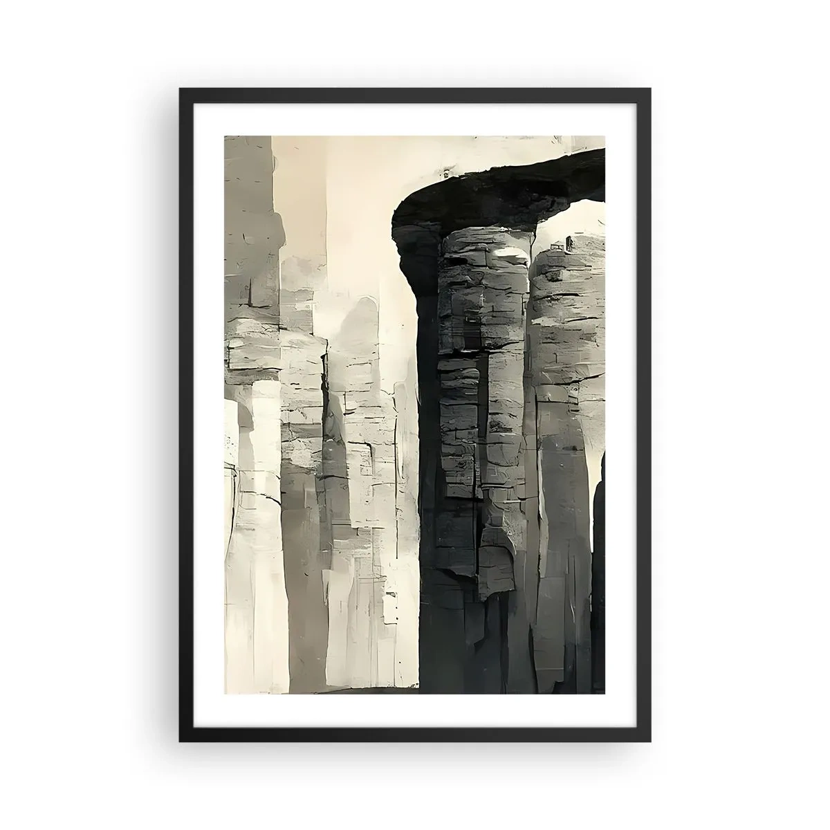 Plakat w czarnej ramie - Monumentalne formacje skalne w odcieniach szarości - 50x70cm - Majestat antyku - Nowoczesna dekoracja ścienna do salonu i sypialni ARTTOR