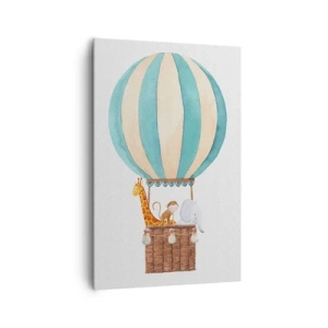 Obraz na płótnie - Balon z uroczymi zwierzętami w pastelowych barwach - 80x120cm - Fantastyczna wycieczka - Nowoczesna dekoracja ścienna do salonu i sypialni ARTTOR