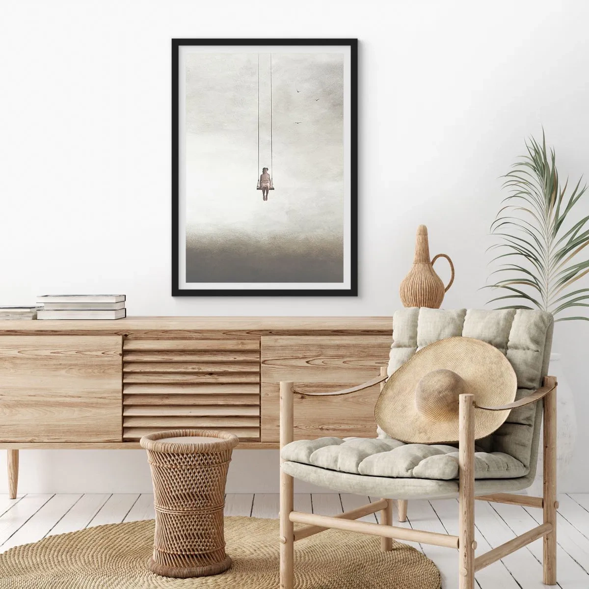 Plakat w czarnej ramie - Postać na huśtawce zawieszonej w przestrzeni - 50x70cm - Dziecko w nas - Nowoczesna dekoracja ścienna do salonu i sypialni ARTTOR