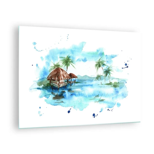 Obraz na szkle - Tropikalna sceneria z palmami i chatką w stylu akwareli - 70x50cm - Gdzieś na Pacyfiku - Nowoczesna dekoracja ścienna do salonu i sypialni ARTTOR