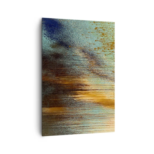 Obraz na płótnie - Abstrakcyjna kompozycja barw w odcieniach złota, brązu i błękitu - 70x100cm - Nieprzypadkowa barwna kompozycja - Nowoczesna dekoracja ścienna do salonu i sypialni ARTTOR