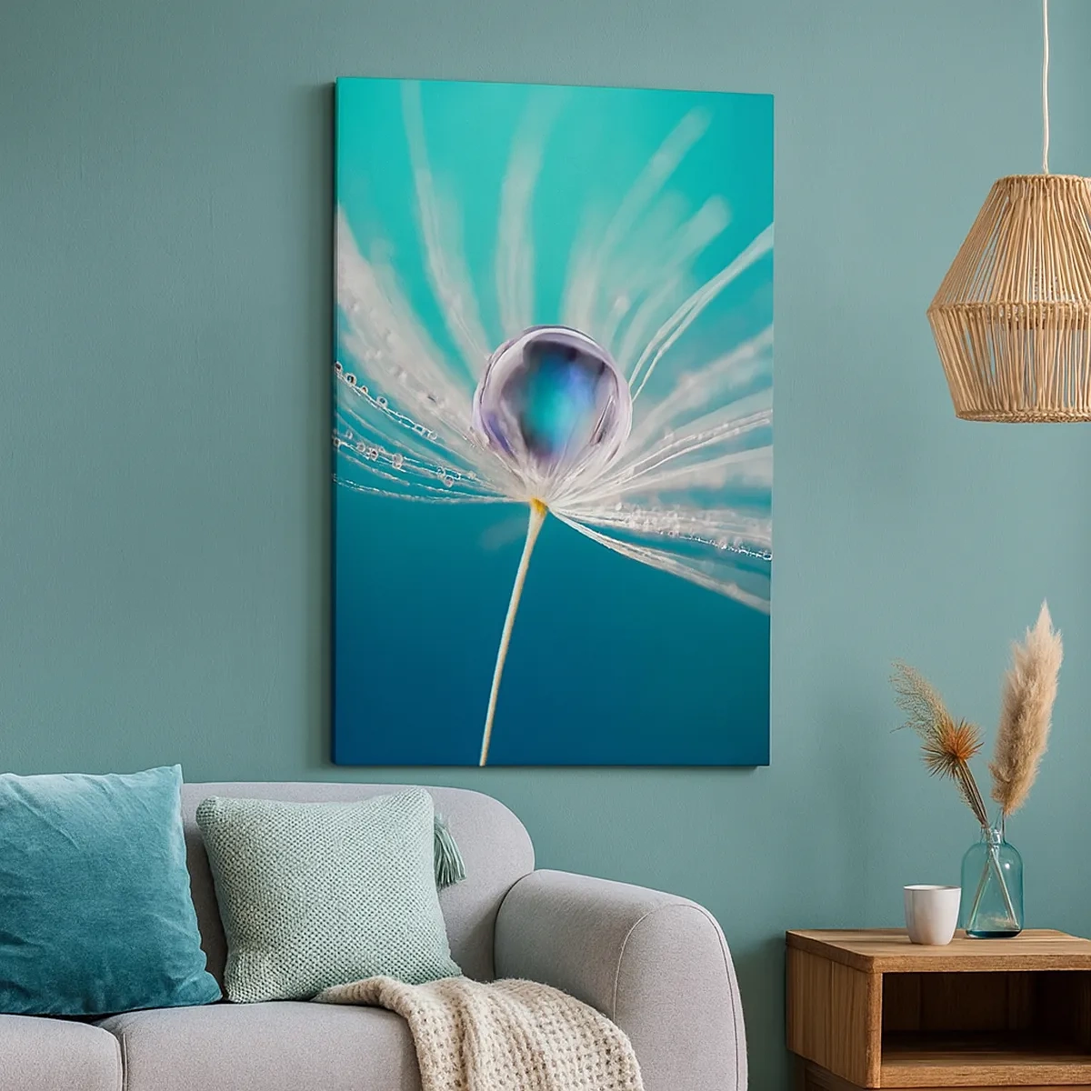 Obraz na płótnie - Makrofotografia dmuchawca z kroplą wody na tle turkusowego gradientu - 50x70cm - Mistyczna chwila - Nowoczesna dekoracja ścienna do salonu, kuchni i sypialni ARTTOR