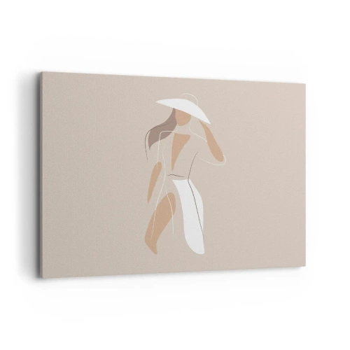 Obraz na płótnie - Minimalistyczny rysunek kobiety w kapeluszu na beżowym tle - 120x80cm - Moda to zabawa - Nowoczesna dekoracja ścienna do salonu, kuchni i sypialni ARTTOR