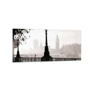Obraz na szkle - Monochromatyczny widok na Big Ben i Tamizę - 120x50cm - Londyński poranek - Nowoczesna dekoracja ścienna do salonu i sypialni ARTTOR