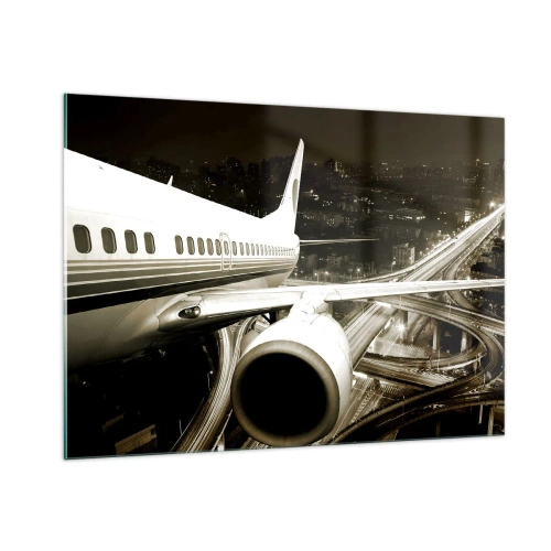 Obraz na szkle - Samolot nad miastem nocą w industrialnym klimacie - 100x70cm - Wzlecieć w noc - Nowoczesna dekoracja ścienna do salonu, kuchni i sypialni ARTTOR