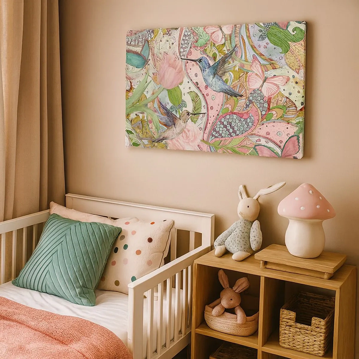 Obraz na płótnie - Kolorowe kolibry i motyle wśród roślin - 70x50cm - Wplątane w pnączach - Nowoczesna dekoracja ścienna do salonu i sypialni ARTTOR