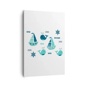 Obraz na płótnie - Urocze motywy morskie z wielorybami i żaglówkami - 70x100cm - Przez morza i oceany - Nowoczesna dekoracja ścienna do salonu i sypialni ARTTOR