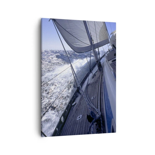 Obraz na płótnie - Żaglówka na wzburzonym morzu z rozpiętymi żaglami - 50x70cm - Wiem, co to być ptakiem - Nowoczesna dekoracja ścienna do salonu, kuchni i sypialni ARTTOR