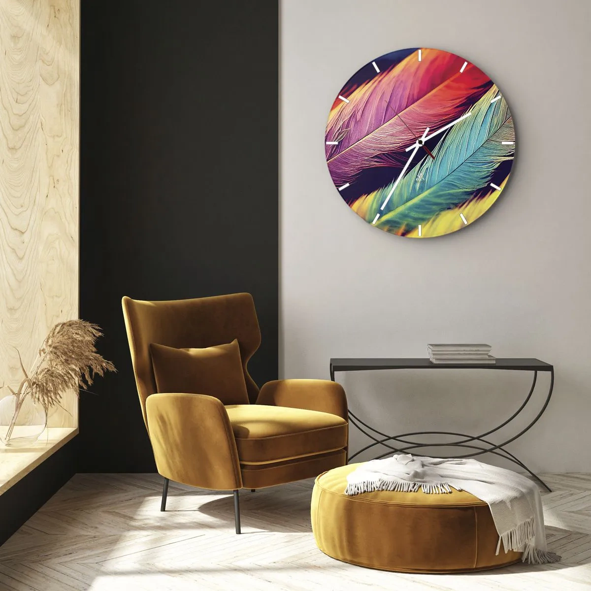 Zegar ścienny - Kolorowe pióra w intensywnych barwach tworzących tęczę - 30x30cm - Pierzasta tęcza - Nowoczesna dekoracja ścienna do salonu, kuchni i sypialni ARTTOR