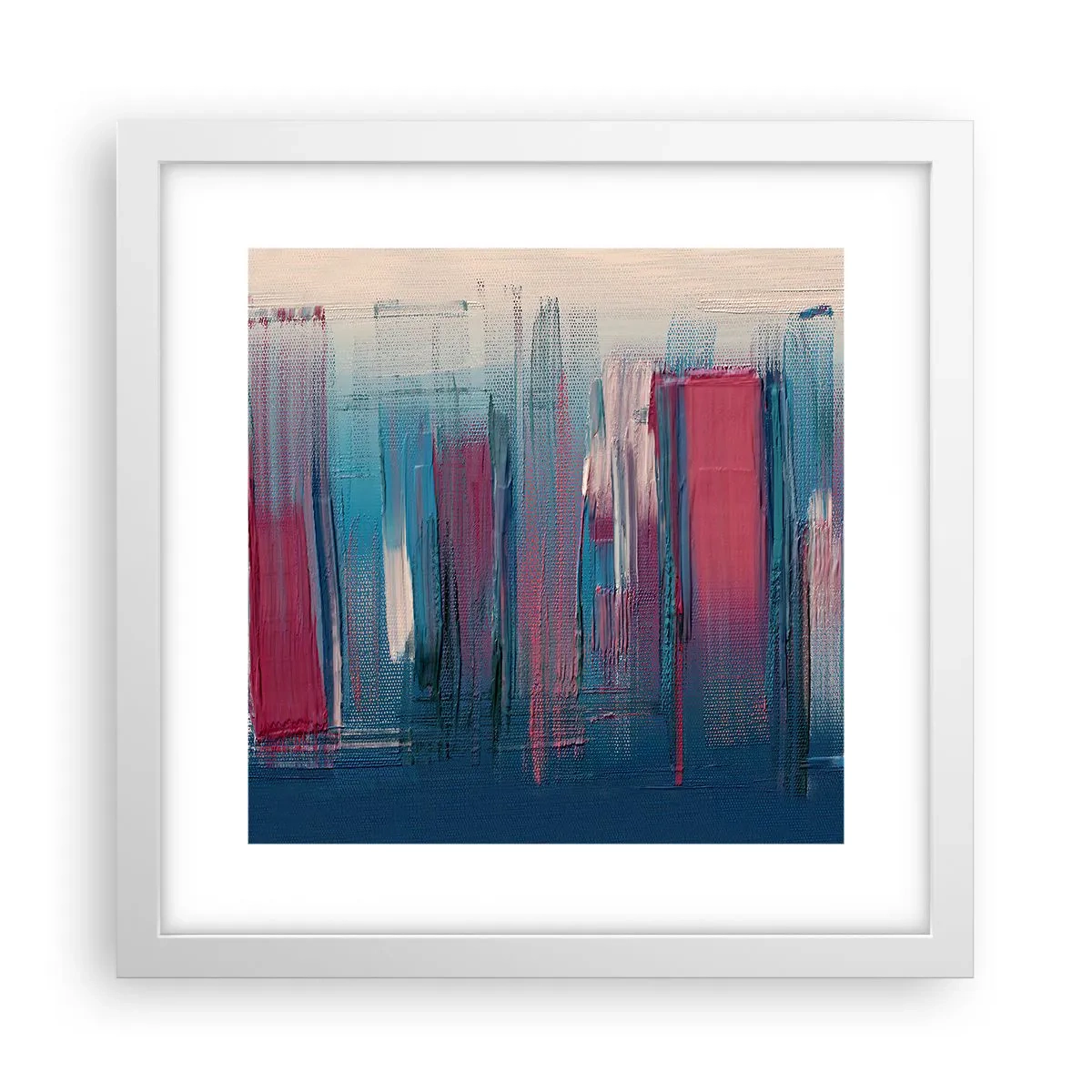 Plakat w białej ramie - Kompozycja wertykalna w błękicie i czerwieni - 30x30 cm