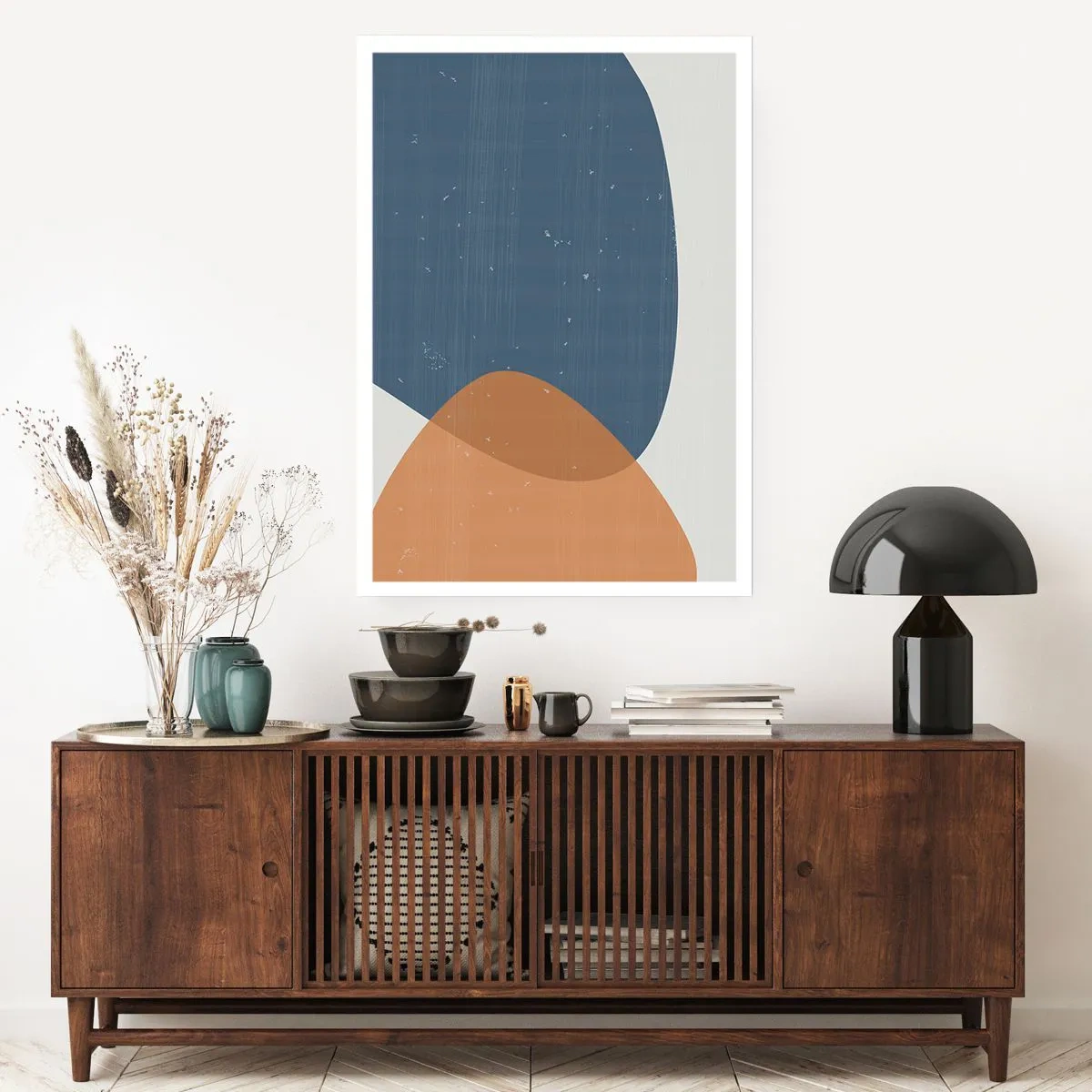 Plakat - Geometria w odcieniach niebieskiego i beżu - 50x70cm - Owale i wpływy - Nowoczesna dekoracja ścienna do salonu, kuchni i sypialni ARTTOR