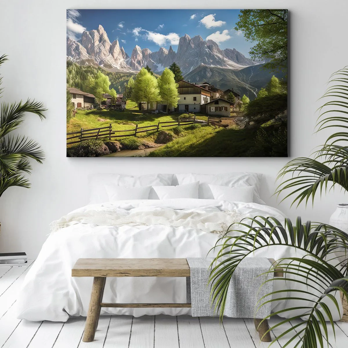 Obraz na płótnie - Górska wioska z domami i widokiem na szczyty Alp - 120x80cm - Alpejska sielanka - Nowoczesna dekoracja ścienna do salonu, kuchni i sypialni ARTTOR