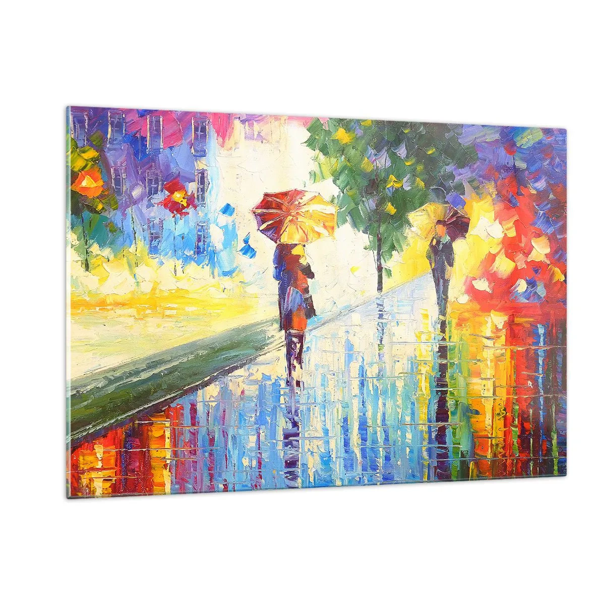 Obraz na szkle - Kolorowy spacer w deszczu z parasolką w impresjonistycznym stylu - 120x80cm - I wszystko jasne - Nowoczesna dekoracja ścienna do salonu, kuchni i sypialni ARTTOR