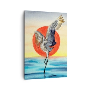 Obraz na płótnie - Akwarelowy żuraw na tle czerwonego słońca i błękitnej wody - 70x100cm - Czas wracać - Nowoczesna dekoracja ścienna do salonu i sypialni ARTTOR