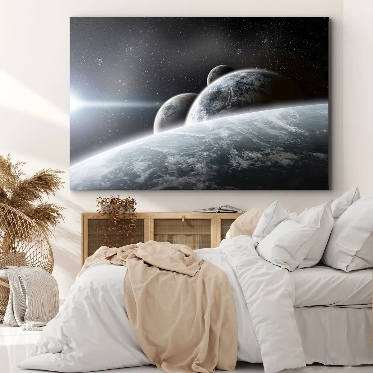 Obraz na płótnie - Planety w kosmosie na tle gwiazd i galaktyk - 70x50cm - Kosmiczna muzyka sfer - Nowoczesna dekoracja ścienna do salonu i sypialni ARTTOR