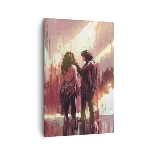 Obraz na płótnie - Para stojąca w ciepłym świetle na tle abstrakcyjnych wzorów - 80x120cm - Odwieczny spektakl miłości - Nowoczesna dekoracja ścienna do salonu i sypialni ARTTOR