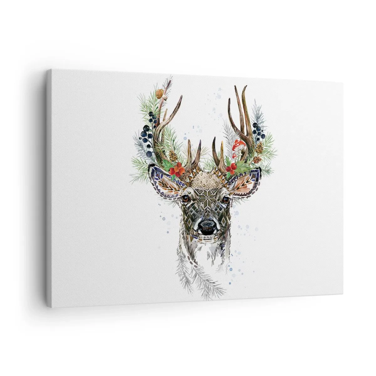 Obraz na płótnie - Stylizowany jeleń z ozdobnym porożem na białym tle - 70x50cm - W świątecznej szacie - Nowoczesna dekoracja ścienna do salonu i sypialni ARTTOR
