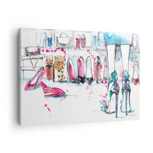 Obraz na płótnie - Artystyczna grafika z butami na wysokim obcasie i akcesoriami - 70x50cm - Sezamie, otwórz się - Nowoczesna dekoracja ścienna do salonu i sypialni ARTTOR