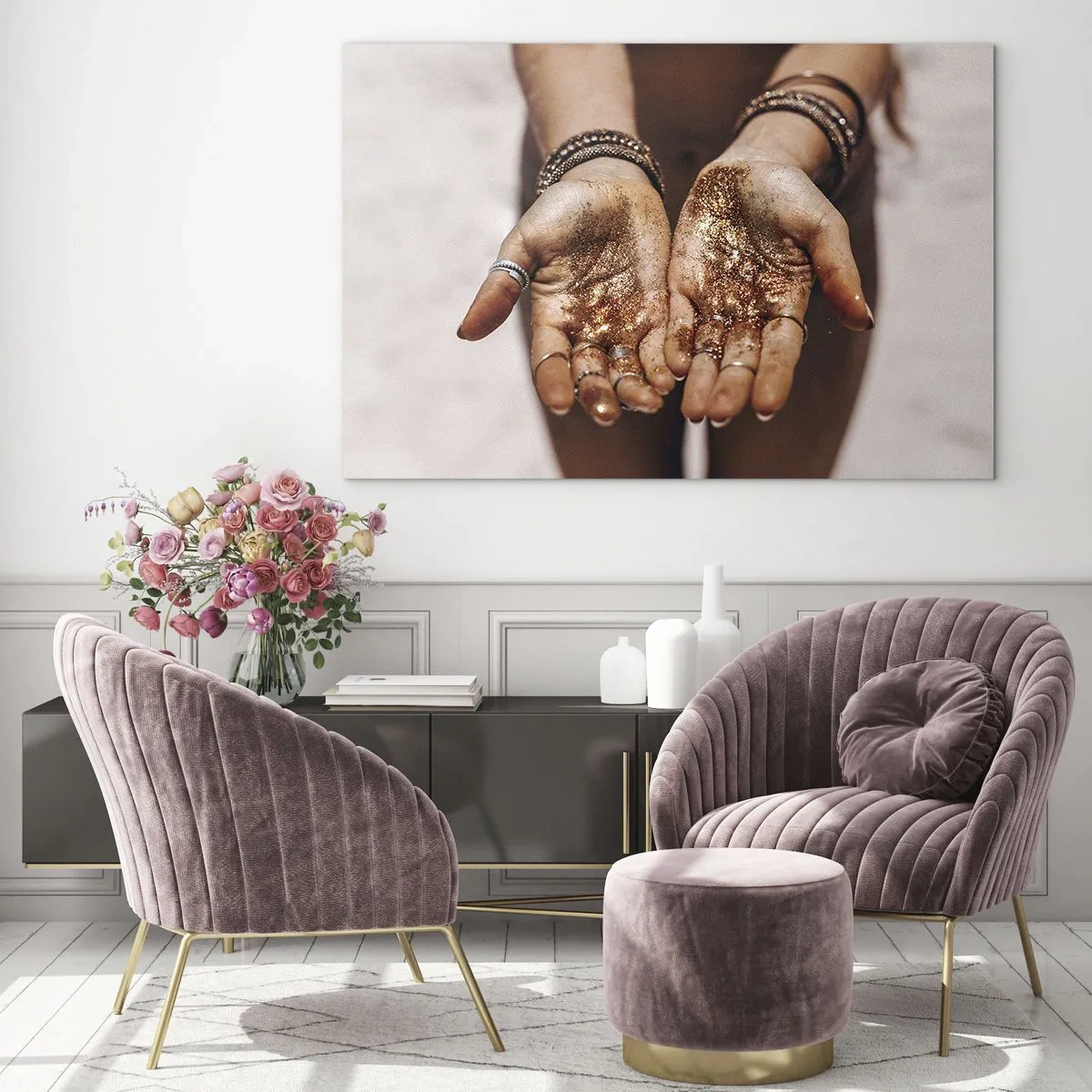 Obraz na szkle - Otwarte dłonie z brokatem w ciepłym świetle - 70x50cm - Dar dla ciebie - Nowoczesna dekoracja ścienna do salonu i sypialni ARTTOR