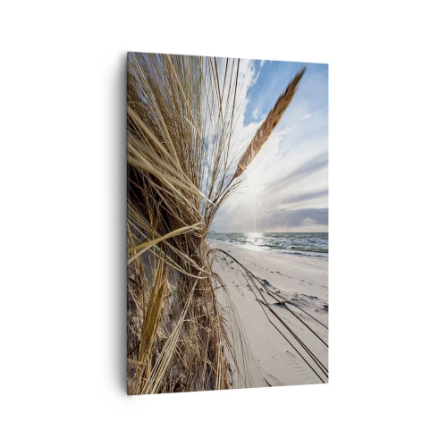 Obraz na płótnie - Plaża z suchymi trawami na wydmach i widokiem na morze - 80x120cm - Spotkanie żywiołów - Nowoczesna dekoracja ścienna do salonu i sypialni ARTTOR