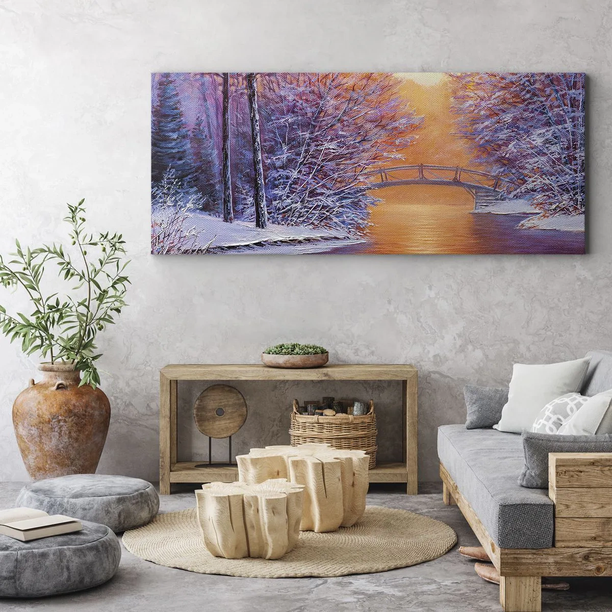 Obraz na płótnie - Zimowy krajobraz z mostkiem i zachodem słońca - 160x50cm - Spotkajmy się tu - Nowoczesna dekoracja ścienna do salonu i sypialni ARTTOR