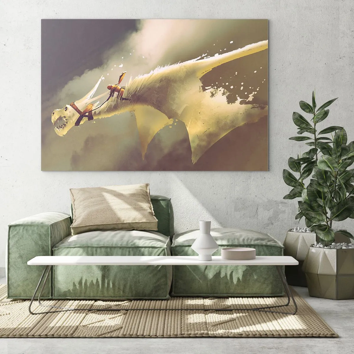 Obraz na szkle - Postać na grzbiecie białego smoka w mglistym krajobrazie - 70x50cm - Światu na ratunek - Nowoczesna dekoracja ścienna do salonu i sypialni ARTTOR