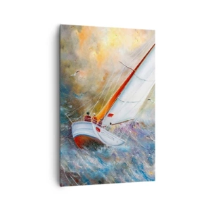 Obraz na płótnie - Żaglówki na wzburzonych falach w dynamicznej kompozycji - 80x120cm - Biegnące po falach - Nowoczesna dekoracja ścienna do salonu i sypialni ARTTOR
