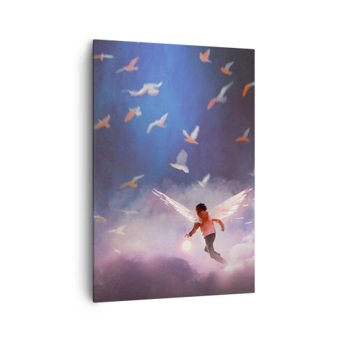 Obraz na płótnie - Postać z anielskimi skrzydłami unosząca się wśród ptaków na tle nieba - 70x100cm - Trzeba mieć wyobraźnię i odwagę - Nowoczesna dekoracja ścienna do salonu i sypialni ARTTOR