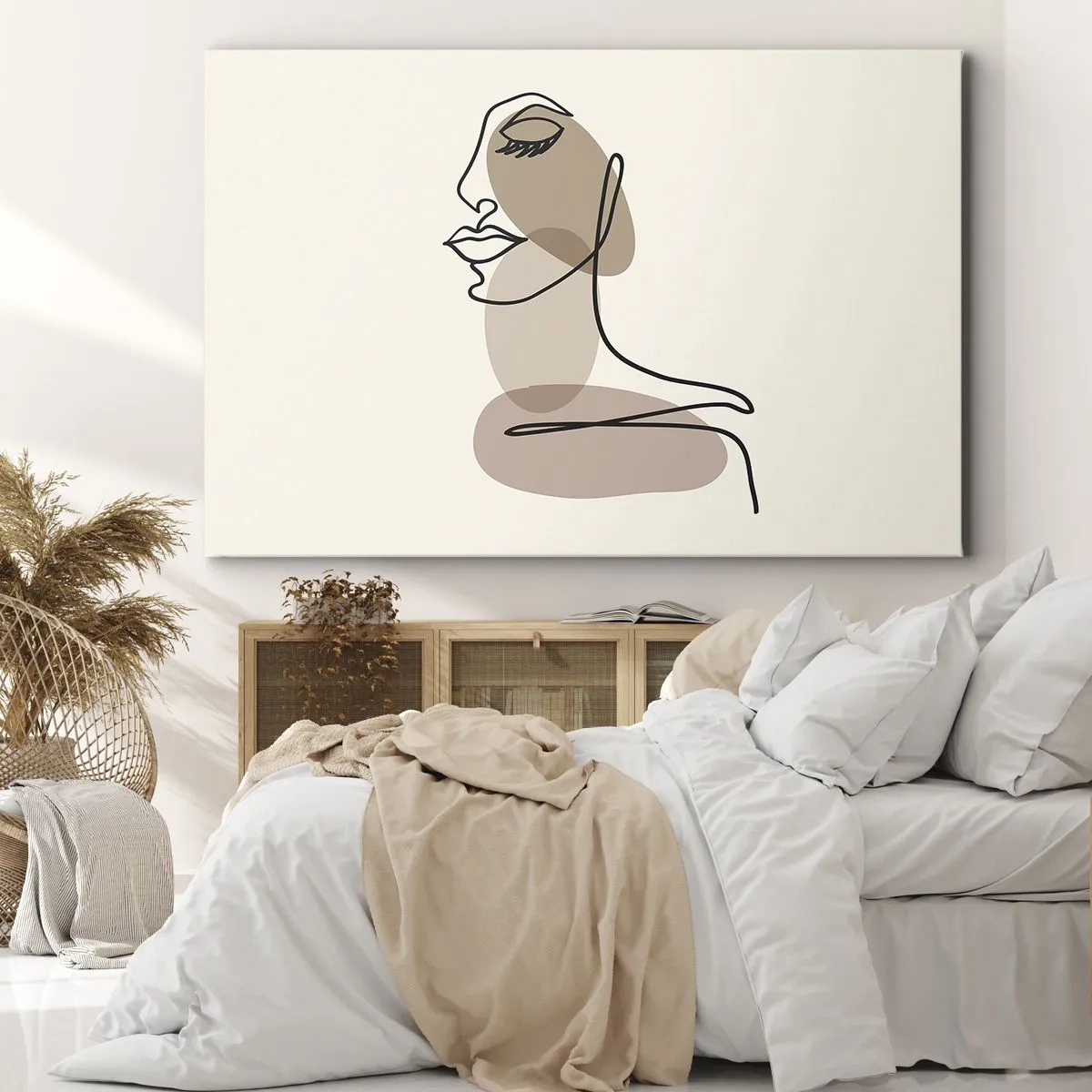 Obraz na płótnie - Minimalistyczna twarz kobiety z abstrakcyjnymi plamami - 120x80cm - Zasłuchana w siebie - Nowoczesna dekoracja ścienna do salonu, kuchni i sypialni ARTTOR